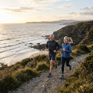 Man and woman jogging on a rocky coastal path by the ocean at sunset