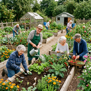 Seniors gardening together, planting, watering, and harvesting vegetables.