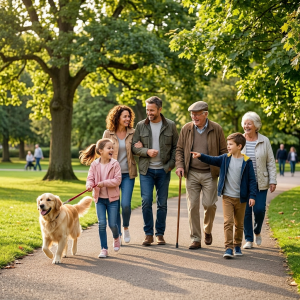 Multigenerational family walking together in a park with a golden retriever on a leash