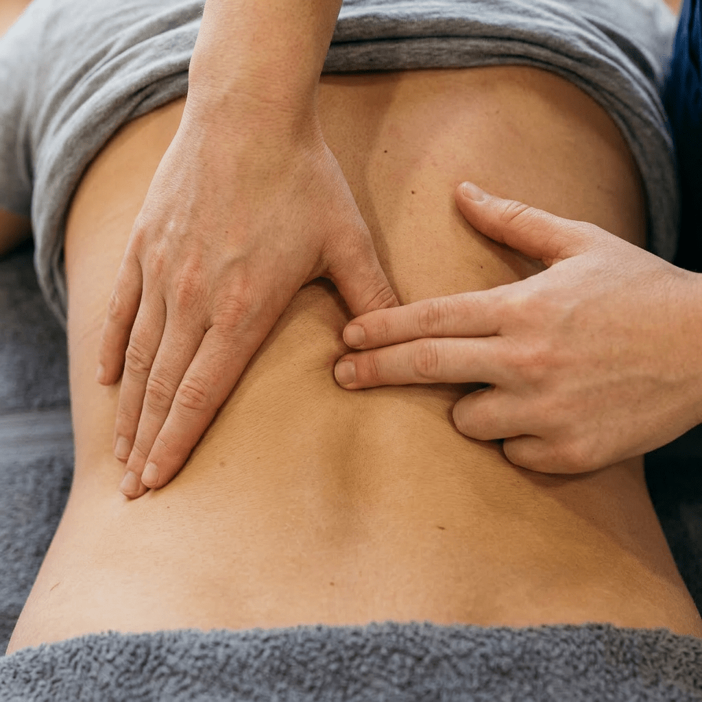 Physiotherapist performing back massage on a patient lying face down